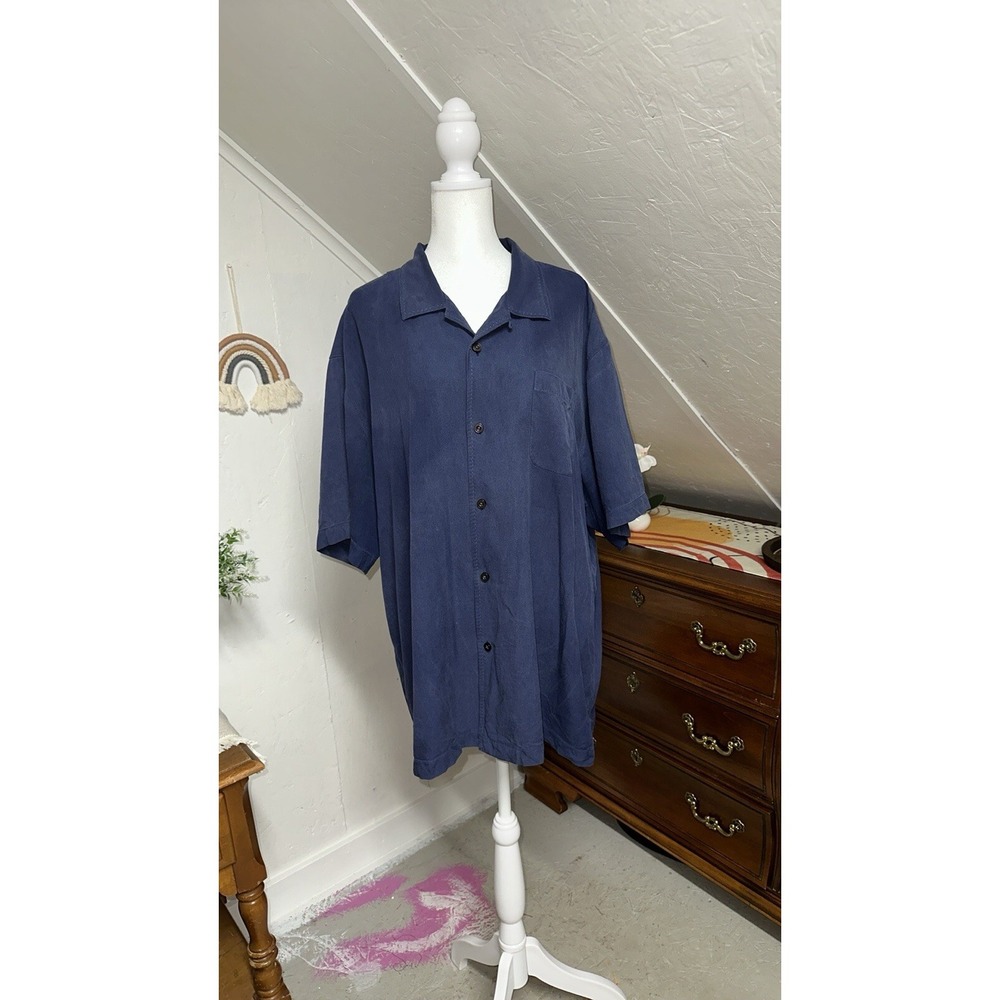 Tommy Bahama Button Down Shirt Men XXL Blue 100% Silk Short Sleeve Camp Collar